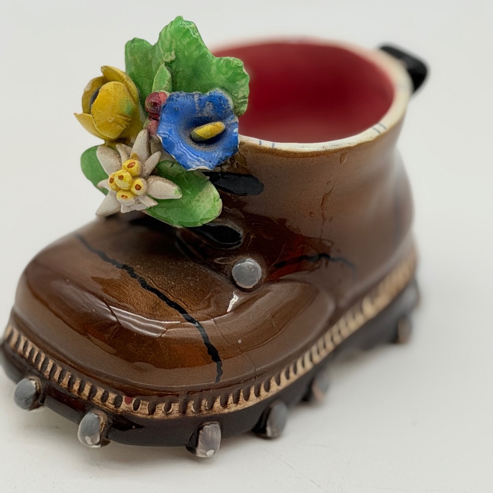 Vintage Italian Ceramic Hiking Boot Figurine Hand Painted Floral Trinket Dish